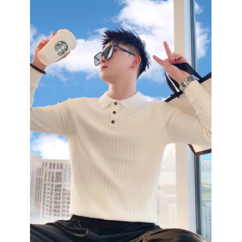 高級感包芯紗針織衫男文藝範修身長袖polo衫翻領工裝羊毛保羅衫潮