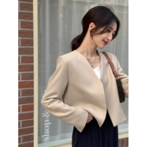 韓國chic秋季極簡主義氣質V領寬松休閒百搭純色長袖短款西裝外套 韓國chic秋季極簡主義氣質V領寬松休閒百搭純色長袖短款西裝外套