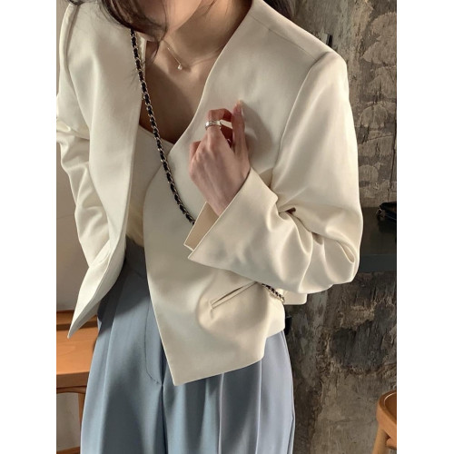 韓國chic秋季極簡主義氣質V領寬松休閒百搭純色長袖短款西裝外套 韓國chic秋季極簡主義氣質V領寬松休閒百搭純色長袖短款西裝外套