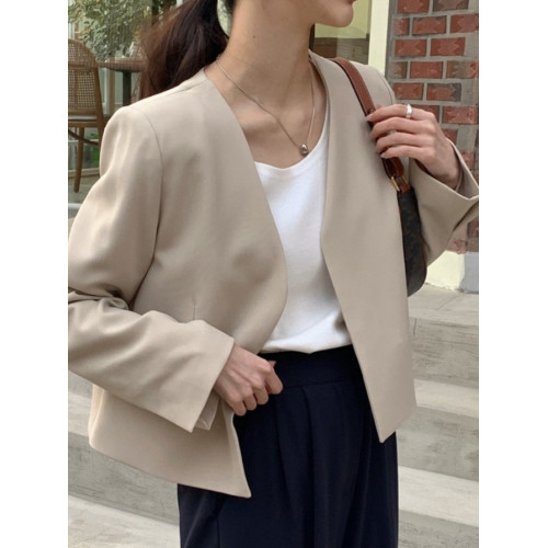 韓國chic秋季極簡主義氣質V領寬松休閒百搭純色長袖短款西裝外套 韓國chic秋季極簡主義氣質V領寬松休閒百搭純色長袖短款西裝外套
