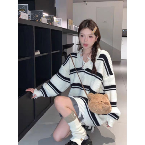 軟糯慵懶風條紋破洞v領毛衣女秋冬寬松針織衫日系復古中長款上衣 軟糯慵懶風條紋破洞v領毛衣女秋冬寬松針織衫日系復古中長款上衣