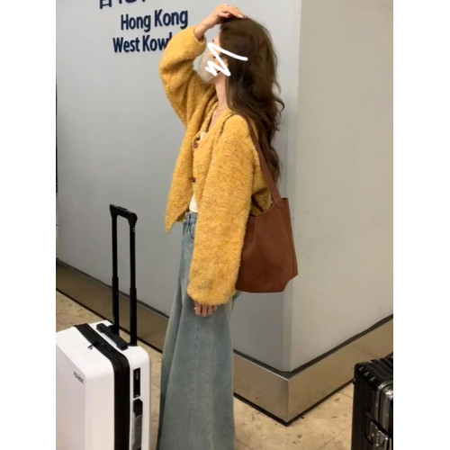 加厚慵懶風寬松黃色毛衣外套女秋冬2025新款爆款高級開衫針織上衣 加厚慵懶風寬松黃色毛衣外套女秋冬2025新款爆款高級開衫針織上衣