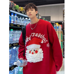聖誕老人圓領毛衣男秋冬季美式ins潮牌情侶裝寬松百搭休閒針織衫