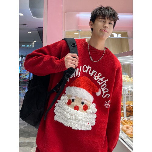 聖誕老人圓領毛衣男秋冬季美式ins潮牌情侶裝寬松百搭休閒針織衫