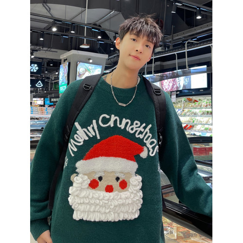聖誕老人圓領毛衣男秋冬季美式ins潮牌情侶裝寬松百搭休閒針織衫