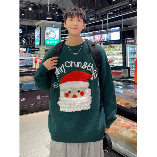 聖誕老人圓領毛衣男秋冬季美式ins潮牌情侶裝寬松百搭休閒針織衫