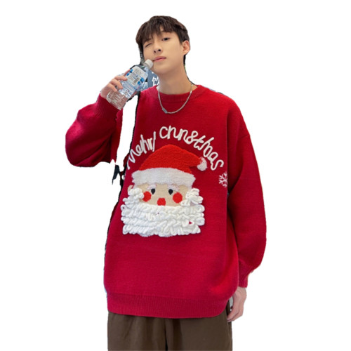 聖誕老人圓領毛衣男秋冬季美式ins潮牌情侶裝寬松百搭休閒針織衫