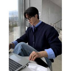 早秋綠色翻領針織衫開衫外套男毛衣慵懶風韓版潮流休閒韓國東大門