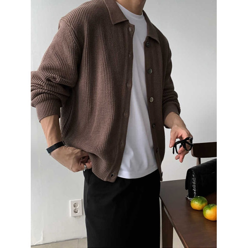 早秋綠色翻領針織衫開衫外套男毛衣慵懶風韓版潮流休閒韓國東大門