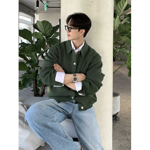 早秋綠色翻領針織衫開衫外套男毛衣慵懶風韓版潮流休閒韓國東大門