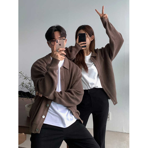 早秋綠色翻領針織衫開衫外套男毛衣慵懶風韓版潮流休閒韓國東大門