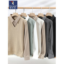 啄木鳥襯衫領休閒秋冬季新款假兩件男士拼接高級感毛衣V領