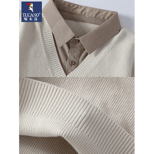 啄木鳥襯衫領休閒秋冬季新款假兩件男士拼接高級感毛衣V領