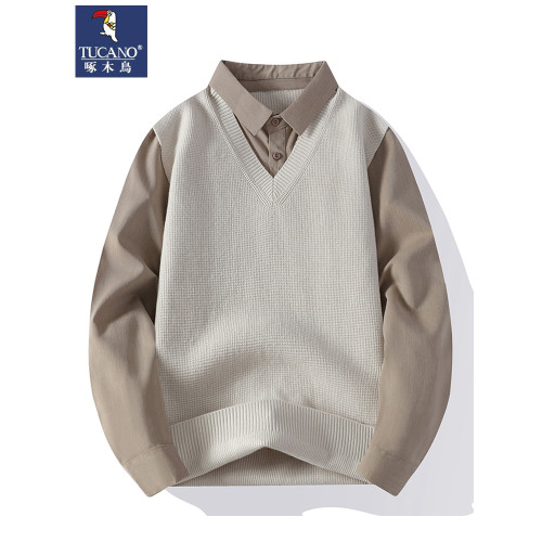 啄木鳥襯衫領休閒秋冬季新款假兩件男士拼接高級感毛衣V領