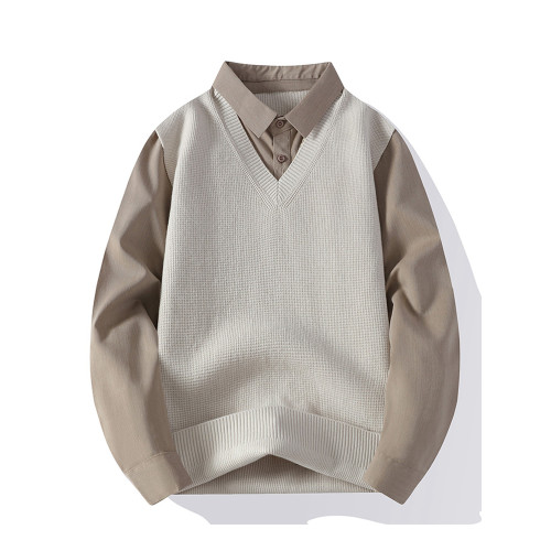 啄木鳥襯衫領休閒秋冬季新款假兩件男士拼接高級感毛衣V領