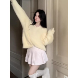 秋冬新款白色長毛防貂毛毛衣中長款套頭V領針織衫慵懶寬松上衣女