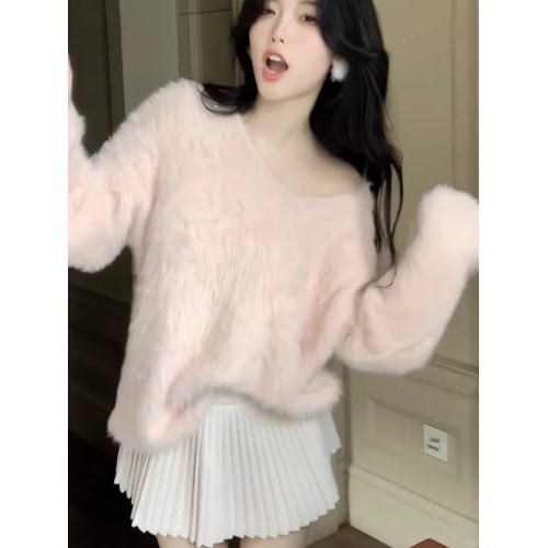 秋冬新款白色長毛防貂毛毛衣中長款套頭V領針織衫慵懶寬松上衣女