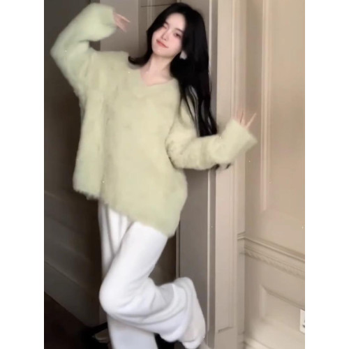 秋冬新款白色長毛防貂毛毛衣中長款套頭V領針織衫慵懶寬松上衣女