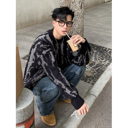 韓系上衣男加厚高級感百搭毛衣男秋冬潮牌街頭撞色慵懶風粗針織衫