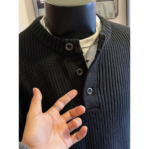 歐洲站針織亨利衫男半開釦寬松長袖衛衣坑條紋門襟領針織衫外套潮