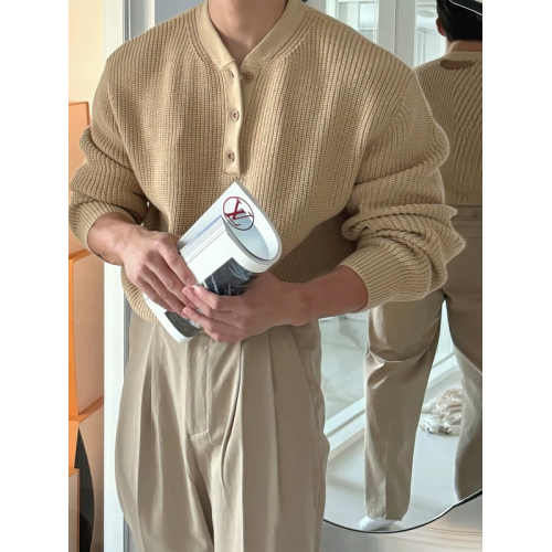 歐洲站針織亨利衫男半開釦寬松長袖衛衣坑條紋門襟領針織衫外套潮