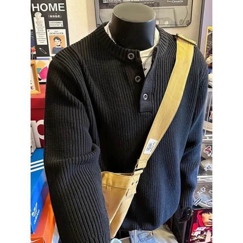 歐洲站針織亨利衫男半開釦寬松長袖衛衣坑條紋門襟領針織衫外套潮