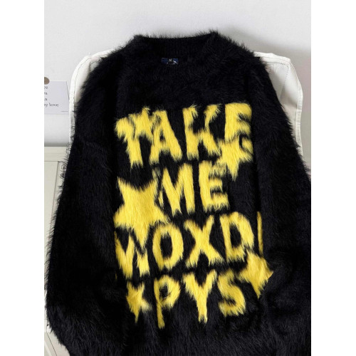 美式街頭情侶軟糯水貂毛字母毛衣秋冬慵懶垂墜馬海毛針織衫圓領潮