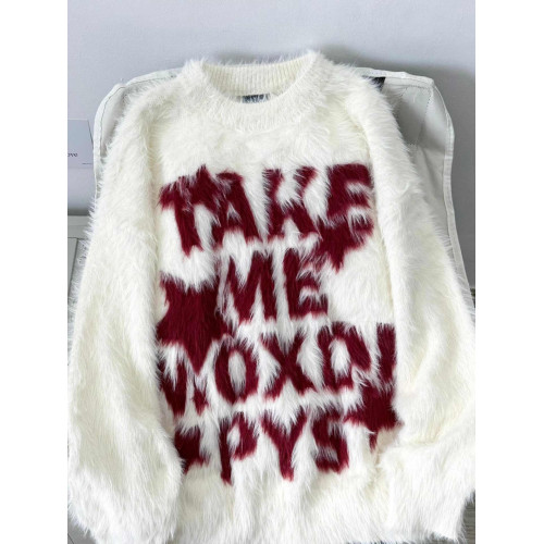 美式街頭情侶軟糯水貂毛字母毛衣秋冬慵懶垂墜馬海毛針織衫圓領潮