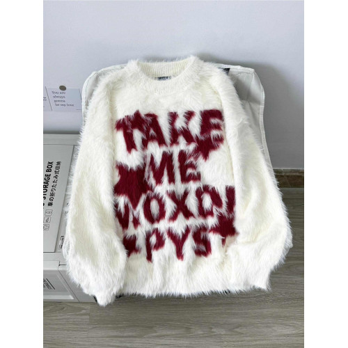 美式街頭情侶軟糯水貂毛字母毛衣秋冬慵懶垂墜馬海毛針織衫圓領潮