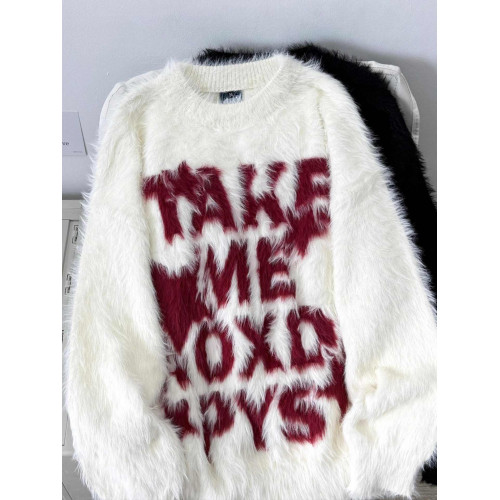 美式街頭情侶軟糯水貂毛字母毛衣秋冬慵懶垂墜馬海毛針織衫圓領潮