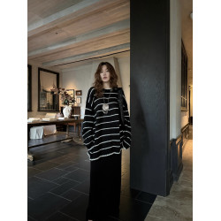 ALL IN十三行2025秋季新款寬松慵懶風休閒條紋中長款針織衫毛衣女