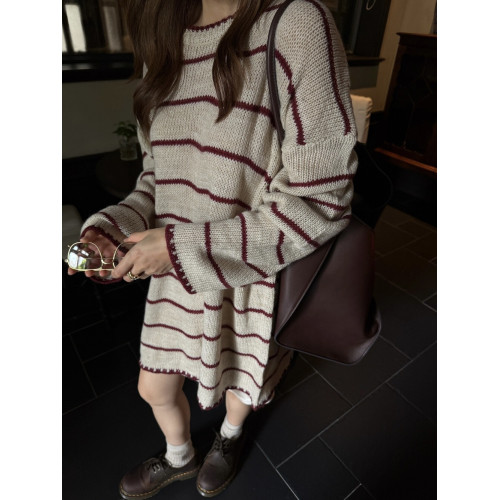 ALL IN十三行2025秋季新款寬松慵懶風休閒條紋中長款針織衫毛衣女