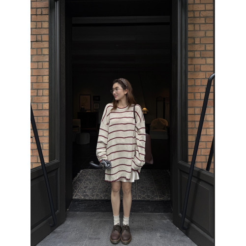 ALL IN十三行2025秋季新款寬松慵懶風休閒條紋中長款針織衫毛衣女