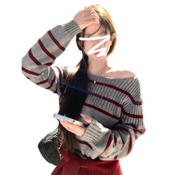 灰色條紋斜肩毛衣女秋冬2025新款韓系慵懶內搭針織衫露肩氣質上衣