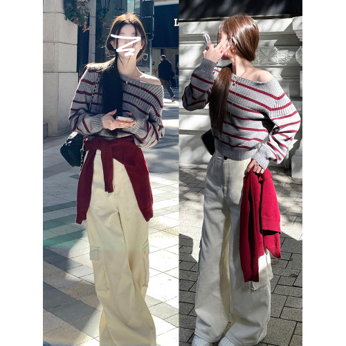 灰色條紋斜肩毛衣女秋冬2025新款韓系慵懶內搭針織衫露肩氣質上衣 灰色條紋斜肩毛衣女秋冬2025新款韓系慵懶內搭針織衫露肩氣質上衣