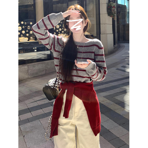 灰色條紋斜肩毛衣女秋冬2025新款韓系慵懶內搭針織衫露肩氣質上衣 灰色條紋斜肩毛衣女秋冬2025新款韓系慵懶內搭針織衫露肩氣質上衣