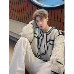 韓系黑白拼接解搆小香風撞色針織開衫男女秋冬寬松慵懶風毛衣外套