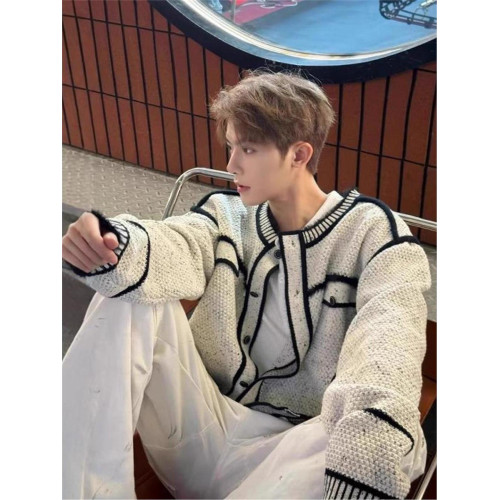 韓系黑白拼接解搆小香風撞色針織開衫男女秋冬寬松慵懶風毛衣外套