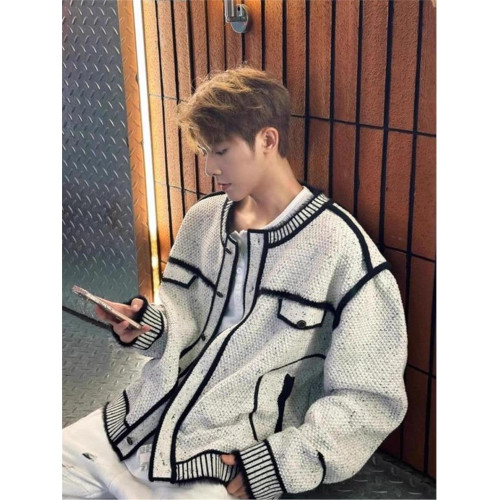 韓系黑白拼接解搆小香風撞色針織開衫男女秋冬寬松慵懶風毛衣外套