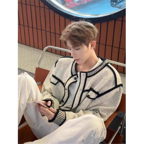 韓系黑白拼接解搆小香風撞色針織開衫男女秋冬寬松慵懶風毛衣外套