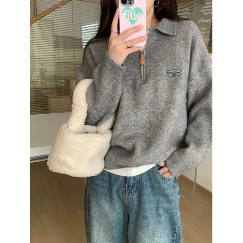 日韓系簡約拉鍊polo翻領毛衣半拉鍊外穿秋冬設計感內搭針織衫上衣 日韓系簡約拉鍊polo翻領毛衣半拉鍊外穿秋冬設計感內搭針織衫上衣