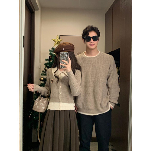 情侶裝秋冬新款法式復古溫柔風毛衣設計感小衆韓版假兩件針織外套