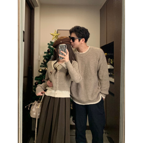 情侶裝秋冬新款法式復古溫柔風毛衣設計感小衆韓版假兩件針織外套