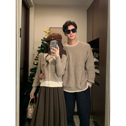 情侶裝秋冬新款法式復古溫柔風毛衣設計感小衆韓版假兩件針織外套