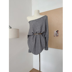 蝙蝠袖斜肩長袖毛衣女中長款慵懶風秋冬設計感顯瘦百搭針織連衣裙