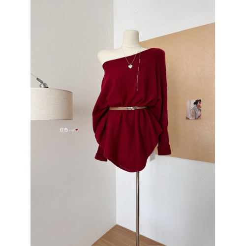 蝙蝠袖斜肩長袖毛衣女中長款慵懶風秋冬設計感顯瘦百搭針織連衣裙 蝙蝠袖斜肩長袖毛衣女中長款慵懶風秋冬設計感顯瘦百搭針織連衣裙