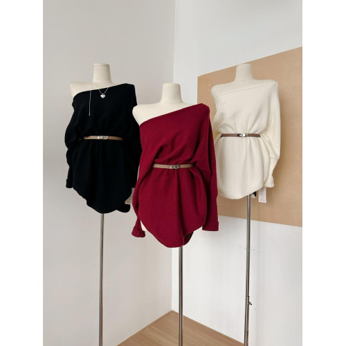 蝙蝠袖斜肩長袖毛衣女中長款慵懶風秋冬設計感顯瘦百搭針織連衣裙 蝙蝠袖斜肩長袖毛衣女中長款慵懶風秋冬設計感顯瘦百搭針織連衣裙