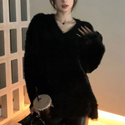 軟糯馬海毛黑色毛衣女秋冬高級感超好看V領寬松內搭打底上衣加厚