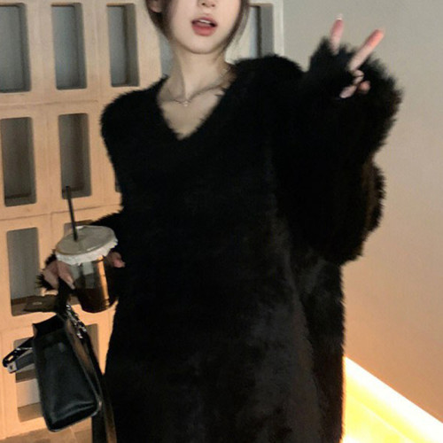 軟糯馬海毛黑色毛衣女秋冬高級感超好看V領寬松內搭打底上衣加厚 軟糯馬海毛黑色毛衣女秋冬高級感超好看V領寬松內搭打底上衣加厚