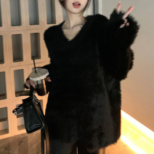 軟糯馬海毛黑色毛衣女秋冬高級感超好看V領寬松內搭打底上衣加厚 軟糯馬海毛黑色毛衣女秋冬高級感超好看V領寬松內搭打底上衣加厚